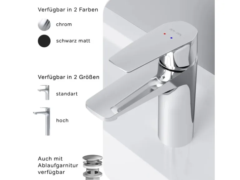 AM.PM Einhebel-Waschtischarmatur Gem Wasserhahn Bad aus Messing, Mischbatterie FGA02100 Chrom