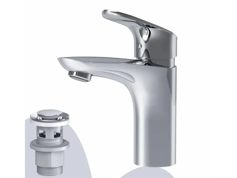 AM.PM Waschtischarmatur mit Klick-Ablaufgarnitur Like Wasserhahn Bad, Waschbecken Armatur, Mischbatterie FLA82100 Chrom