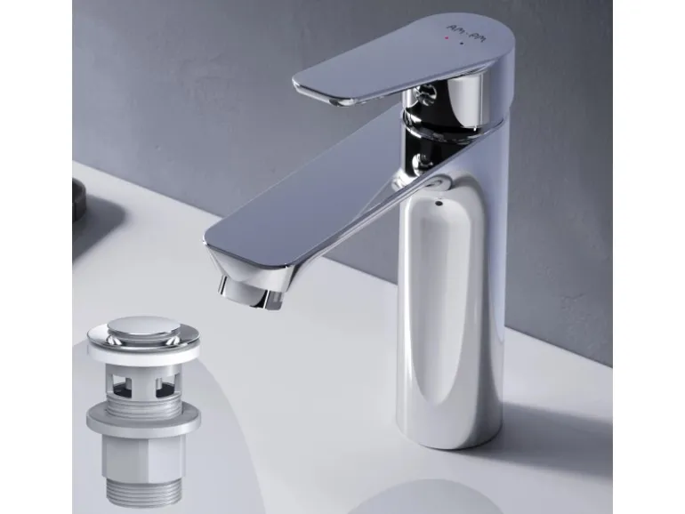 AM.PM Waschtischarmatur mit Klick-Ablaufgarnitur, Waschbecken Armatur, Mischbatterie FTA82200 Hit M-Größe Chrom