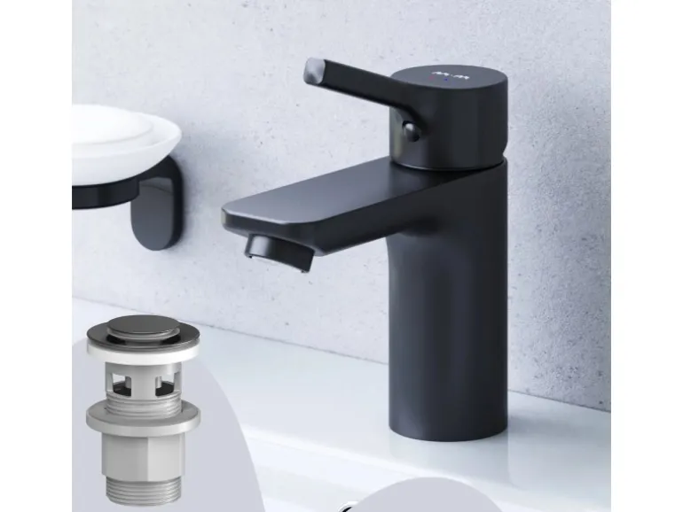 AM.PM Waschtischarmatur mit Klick-Ablauf, Wasserhahn, Waschbecken Armatur, Mischbatterie FXB82122 X-Joy S Schwarz