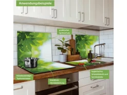 Banjado Herdabdeckplatte Glas 1 Teilig 60x52CM Schneidebrett Herdabdeckung Mit Motiv Blättertraum