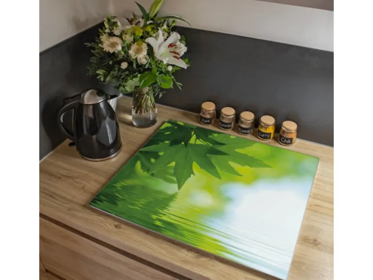 Banjado Herdabdeckplatte Glas 1 Teilig 60x52CM Schneidebrett Herdabdeckung Mit Motiv Blättertraum