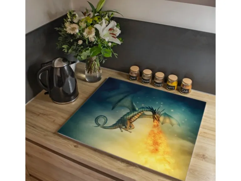 Banjado Herdabdeckplatte Glas 1 Teilig 60x52CM Schneidebrett Herdabdeckung Mit Motiv Drachen