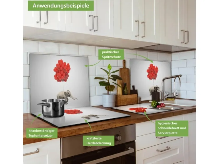 Banjado Herdabdeckplatte Glas 1 Teilig 60x52CM Schneidebrett Herdabdeckung Mit Motiv Fliegender Elefant