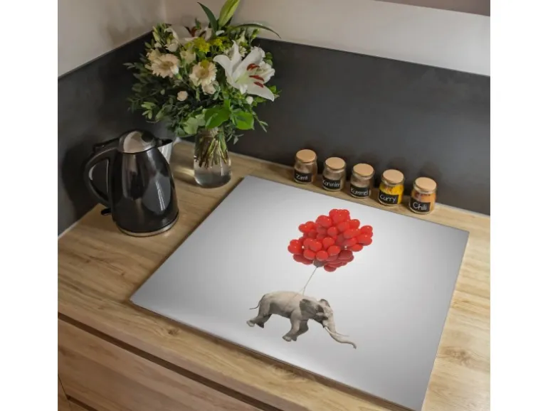 Banjado Herdabdeckplatte Glas 1 Teilig 60x52CM Schneidebrett Herdabdeckung Mit Motiv Fliegender Elefant