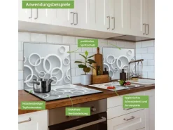 Banjado Herdabdeckplatte Glas 1 Teilig 60x52CM Schneidebrett Herdabdeckung Mit Motiv Weiße Ringe