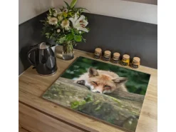 Banjado Herdabdeckplatte Glas 1 Teilig 60x52CM Schneidebrett Herdabdeckung Mit Motiv Fuchs Relax