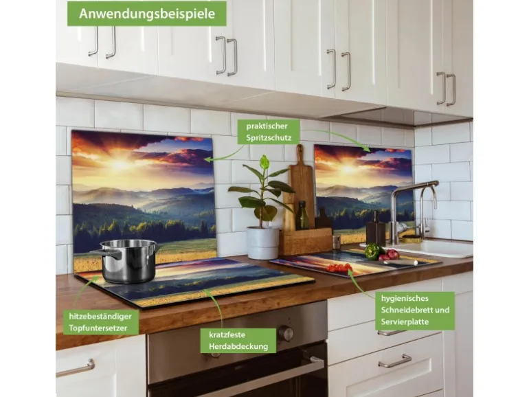 Banjado Herdabdeckplatte Glas 1 Teilig 60x52CM Schneidebrett Herdabdeckung Mit Motiv Karpaten Sonnenuntergang