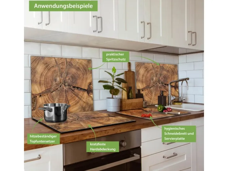 Banjado Herdabdeckplatte Glas 1 Teilig 60x52CM Schneidebrett Herdabdeckung Mit Motiv Jahresringe