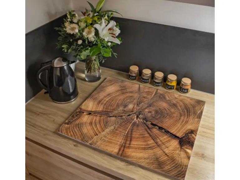 Banjado Herdabdeckplatte Glas 1 Teilig 60x52CM Schneidebrett Herdabdeckung Mit Motiv Jahresringe