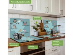 Banjado Herdabdeckplatte Glas 1 Teilig 60x52CM Schneidebrett Herdabdeckung Mit Motiv Acht Eulen