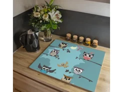 Banjado Herdabdeckplatte Glas 1 Teilig 60x52CM Schneidebrett Herdabdeckung Mit Motiv Acht Eulen