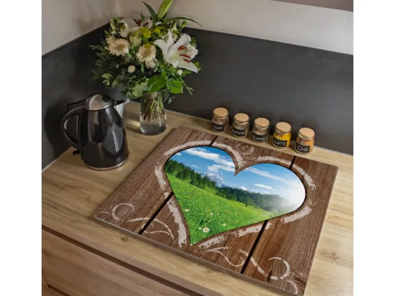 Banjado Herdabdeckplatte Glas 1 Teilig 60x52CM Schneidebrett Herdabdeckung Mit Motiv Ausblick Mit Herz