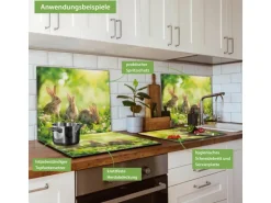 Banjado Herdabdeckplatte Glas 1 Teilig 60x52CM Schneidebrett Herdabdeckung Mit Motiv Drei Hasen