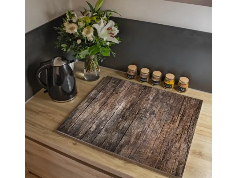 Banjado Herdabdeckplatte Glas 1 Teilig 60x52CM Schneidebrett Herdabdeckung Mit Motiv Altes Holz