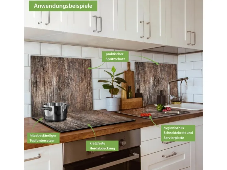 Banjado Herdabdeckplatte Glas 1 Teilig 60x52CM Schneidebrett Herdabdeckung Mit Motiv Altes Holz