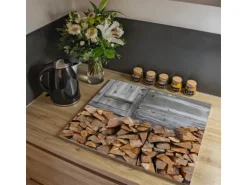 Banjado Herdabdeckplatte Glas 1 Teilig 60x52CM Schneidebrett Herdabdeckung Mit Motiv Feuerholz