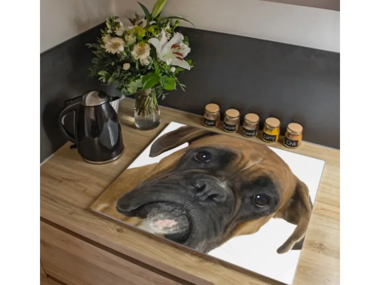 Banjado Herdabdeckplatte Glas 1 Teilig 60x52CM Schneidebrett Herdabdeckung Mit Motiv Boxer