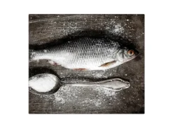 Banjado Herdabdeckplatte Glas 1 Teilig 60x52CM Schneidebrett Herdabdeckung Mit Motiv Fisch Und Salz