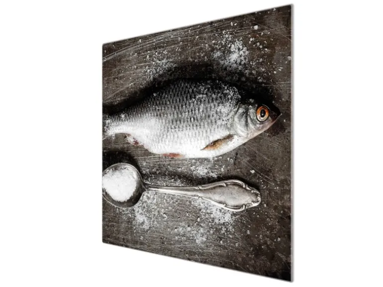 Banjado Herdabdeckplatte Glas 1 Teilig 60x52CM Schneidebrett Herdabdeckung Mit Motiv Fisch Und Salz