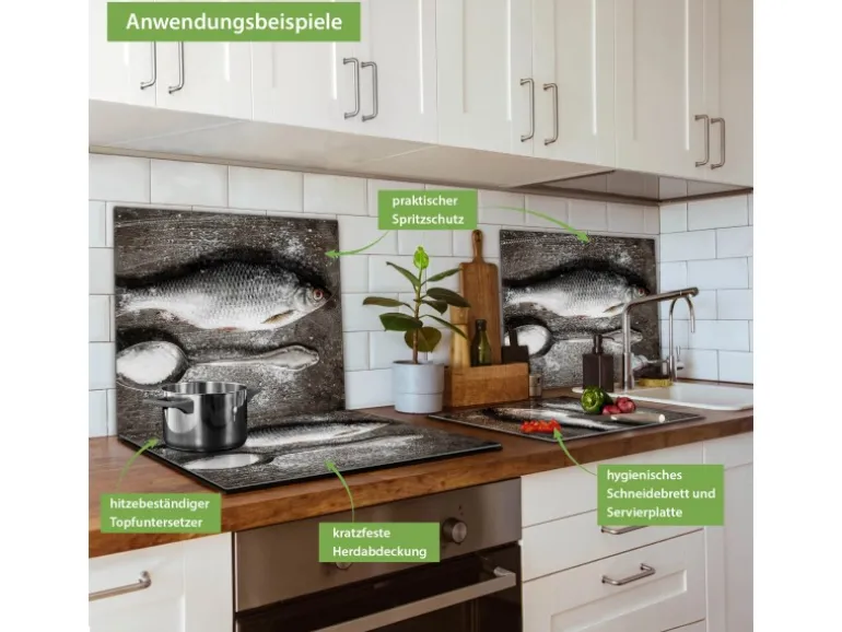 Banjado Herdabdeckplatte Glas 1 Teilig 60x52CM Schneidebrett Herdabdeckung Mit Motiv Fisch Und Salz