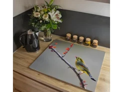 Banjado Herdabdeckplatte Glas 1 Teilig 60x52CM Schneidebrett Herdabdeckung Mit Motiv Herbst Vogel