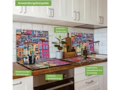 Banjado Herdabdeckplatte Glas 1 Teilig 60x52CM Schneidebrett Herdabdeckung Mit Motiv Häuserberg