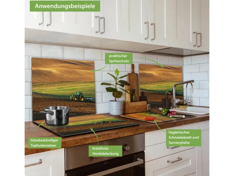 Banjado Herdabdeckplatte Glas 1 Teilig 60x52CM Schneidebrett Herdabdeckung Mit Motiv Pflügen