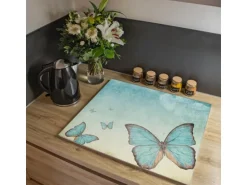 Banjado Herdabdeckplatte Glas 1 Teilig 60x52CM Schneidebrett Herdabdeckung Mit Motiv Blaue Schmetterlinge