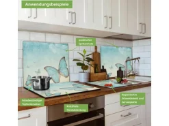 Banjado Herdabdeckplatte Glas 1 Teilig 60x52CM Schneidebrett Herdabdeckung Mit Motiv Blaue Schmetterlinge