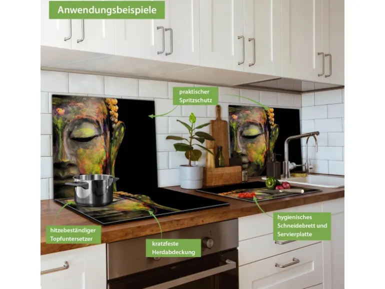 Banjado Herdabdeckplatte Glas 1 Teilig 60x52CM Schneidebrett Herdabdeckung Mit Motiv Bunter Buddha