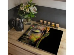 Banjado Herdabdeckplatte Glas 1 Teilig 60x52CM Schneidebrett Herdabdeckung Mit Motiv Bunter Buddha