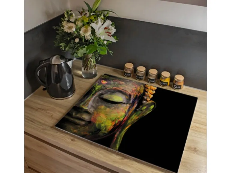 Banjado Herdabdeckplatte Glas 1 Teilig 60x52CM Schneidebrett Herdabdeckung Mit Motiv Bunter Buddha