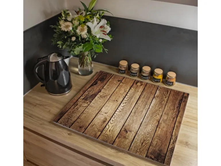 Banjado Herdabdeckplatte Glas 1 Teilig 60x52CM Schneidebrett Herdabdeckung Mit Motiv Geöltes Holz