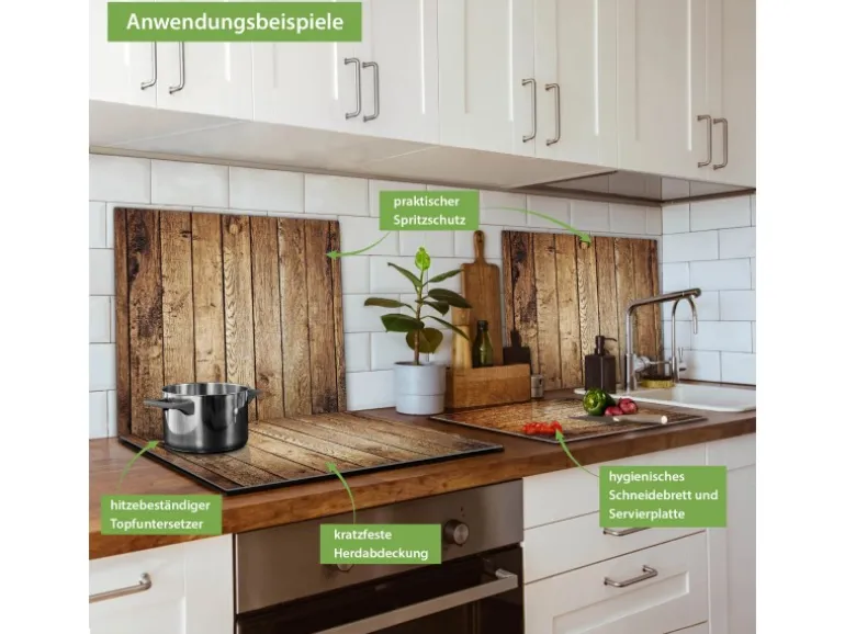 Banjado Herdabdeckplatte Glas 1 Teilig 60x52CM Schneidebrett Herdabdeckung Mit Motiv Geöltes Holz