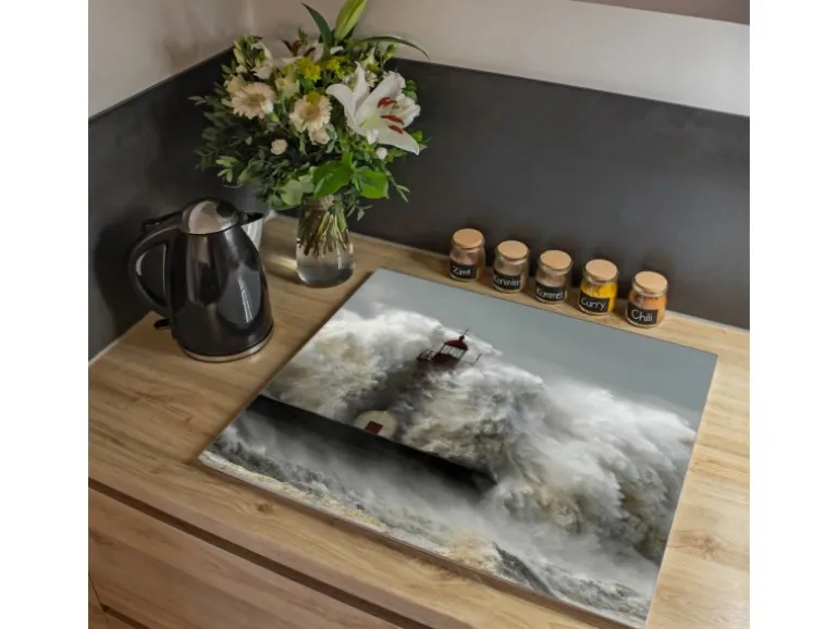 Banjado Herdabdeckplatte Glas 1 Teilig 60x52CM Schneidebrett Herdabdeckung Mit Motiv Fels In Der Brandung