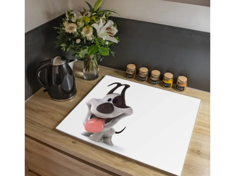 Banjado Herdabdeckplatte Glas 1 Teilig 60x52CM Schneidebrett Herdabdeckung Mit Motiv Comic-Hund
