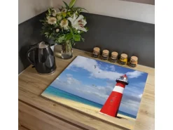 Banjado Herdabdeckplatte Glas 1 Teilig 60x52CM Schneidebrett Herdabdeckung Mit Motiv Leuchtturm Westkapelle