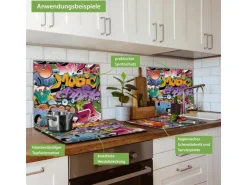 Banjado Herdabdeckplatte Glas 1 Teilig 60x52CM Schneidebrett Herdabdeckung Mit Motiv Graffiti