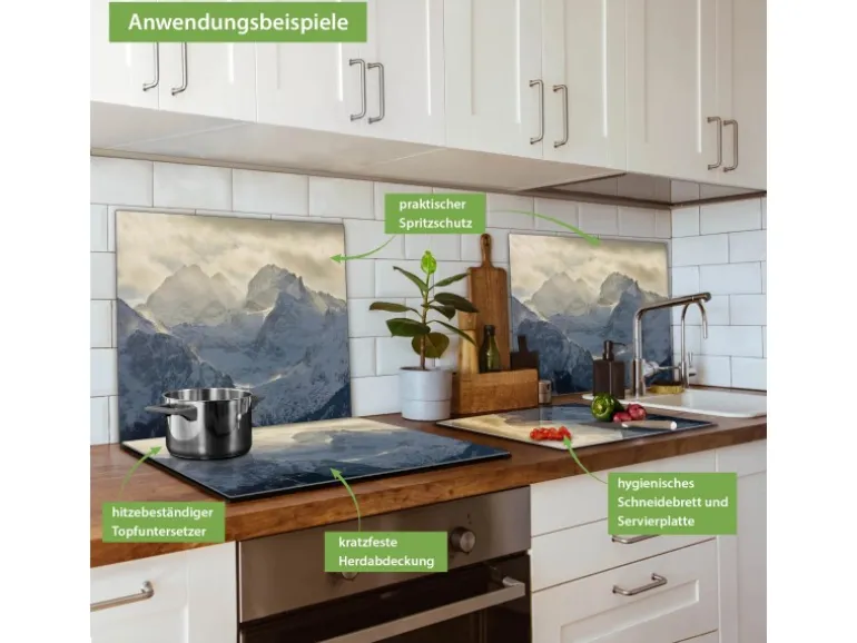 Banjado Herdabdeckplatte Glas 1 Teilig 60x52CM Schneidebrett Herdabdeckung Mit Motiv Alpen Im Sonnenschein