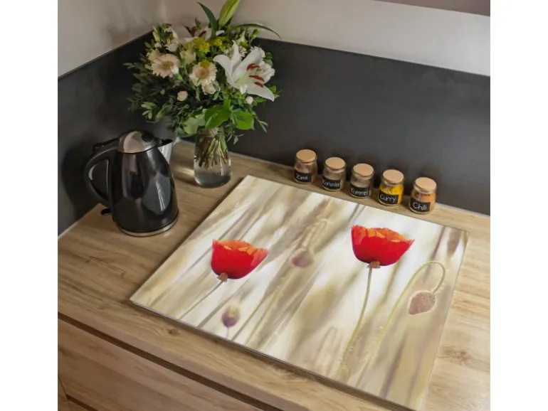 Banjado Herdabdeckplatte Glas 1 Teilig 60x52CM Schneidebrett Herdabdeckung Mit Motiv Klatschmohn