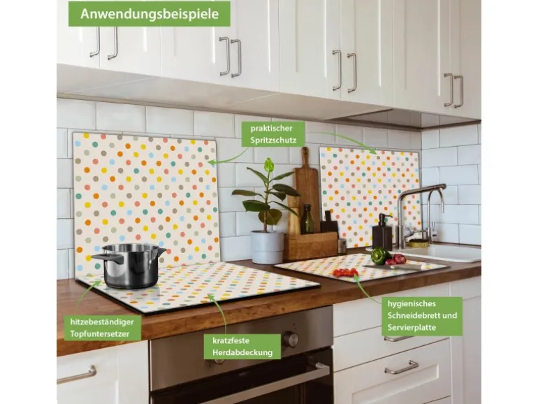 Banjado Herdabdeckplatte Glas 1 Teilig 60x52CM Schneidebrett Herdabdeckung Mit Motiv Bunte Punkte