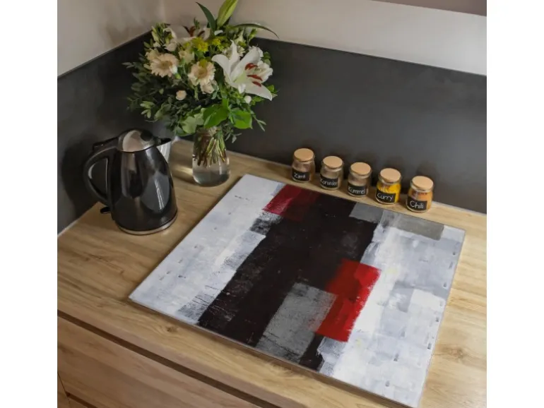 Banjado Herdabdeckplatte Glas 1 Teilig 60x52CM Schneidebrett Herdabdeckung Mit Motiv Abstrakt Rot