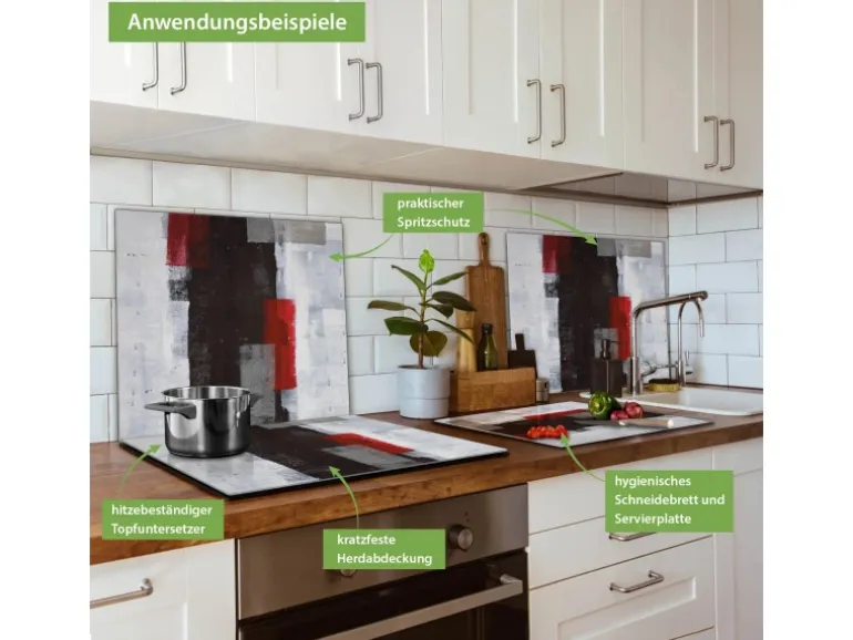 Banjado Herdabdeckplatte Glas 1 Teilig 60x52CM Schneidebrett Herdabdeckung Mit Motiv Abstrakt Rot