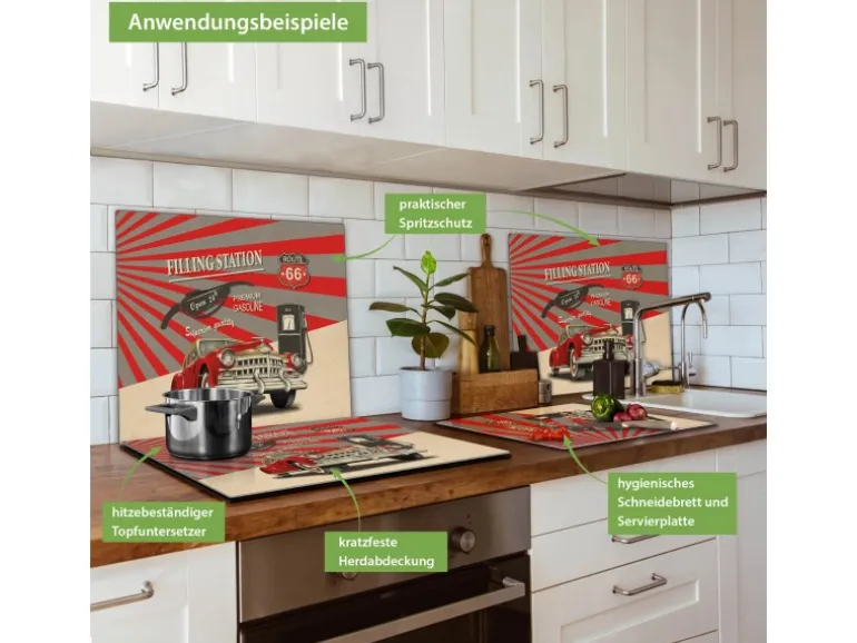 Banjado Herdabdeckplatte Glas 1 Teilig 60x52CM Schneidebrett Herdabdeckung Mit Motiv Filling Station