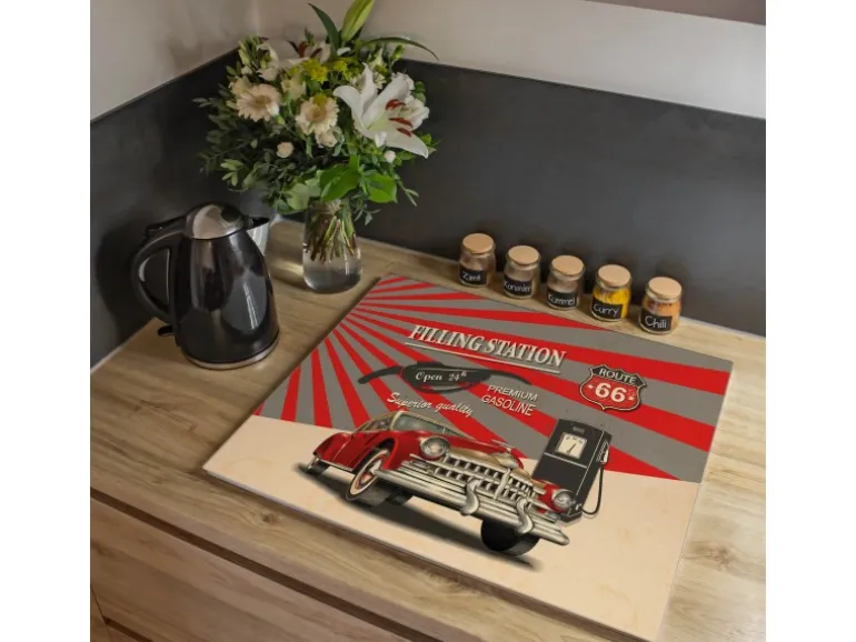 Banjado Herdabdeckplatte Glas 1 Teilig 60x52CM Schneidebrett Herdabdeckung Mit Motiv Filling Station