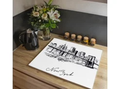 Banjado Herdabdeckplatte Glas 1 Teilig 60x52CM Schneidebrett Herdabdeckung Mit Motiv New York Skizze