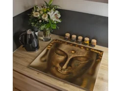 Banjado Herdabdeckplatte Glas 1 Teilig 60x52CM Schneidebrett Herdabdeckung Mit Motiv Buddha Gold