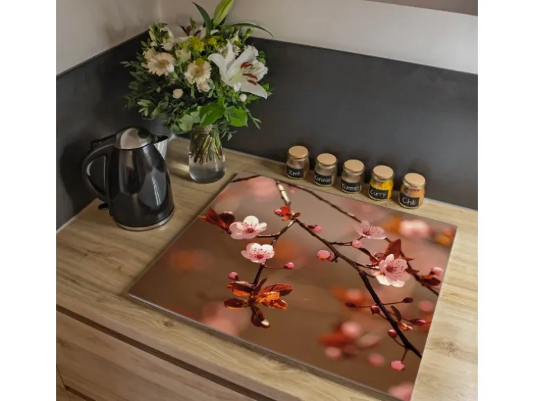 Banjado Herdabdeckplatte Glas 1 Teilig 60x52CM Schneidebrett Herdabdeckung Mit Motiv Blühender Kirschzweig