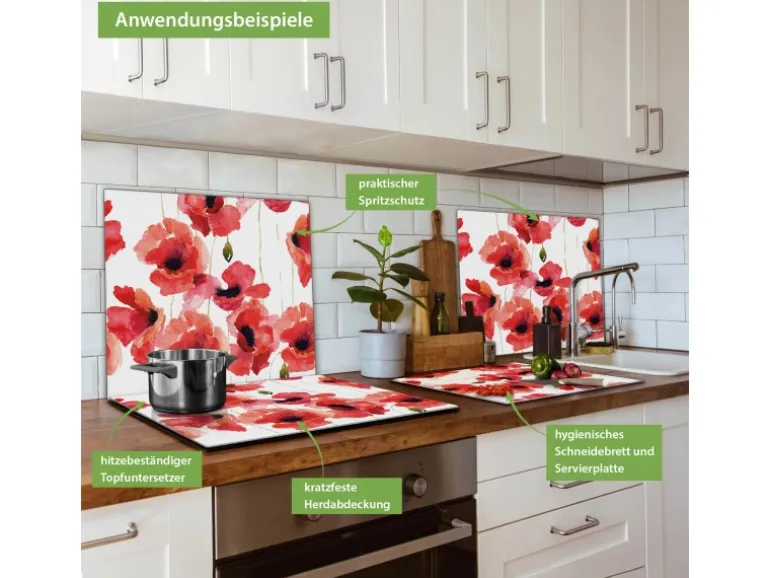 Banjado Herdabdeckplatte Glas 1 Teilig 60x52CM Schneidebrett Herdabdeckung Mit Motiv Mohn Aquarell